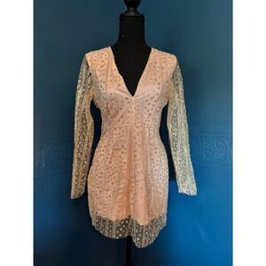 Rosedress Pink with Gold Bling Short Dress, Sz S, Lined long lacy sleeves NWT